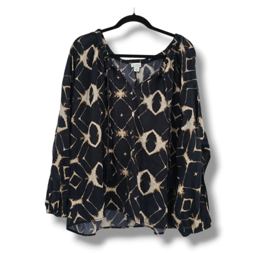 Sundance Womens Black Tan Geometric Tie Dye Cotton Tassel Peasant Blouse Medium - Picture 1 of 10